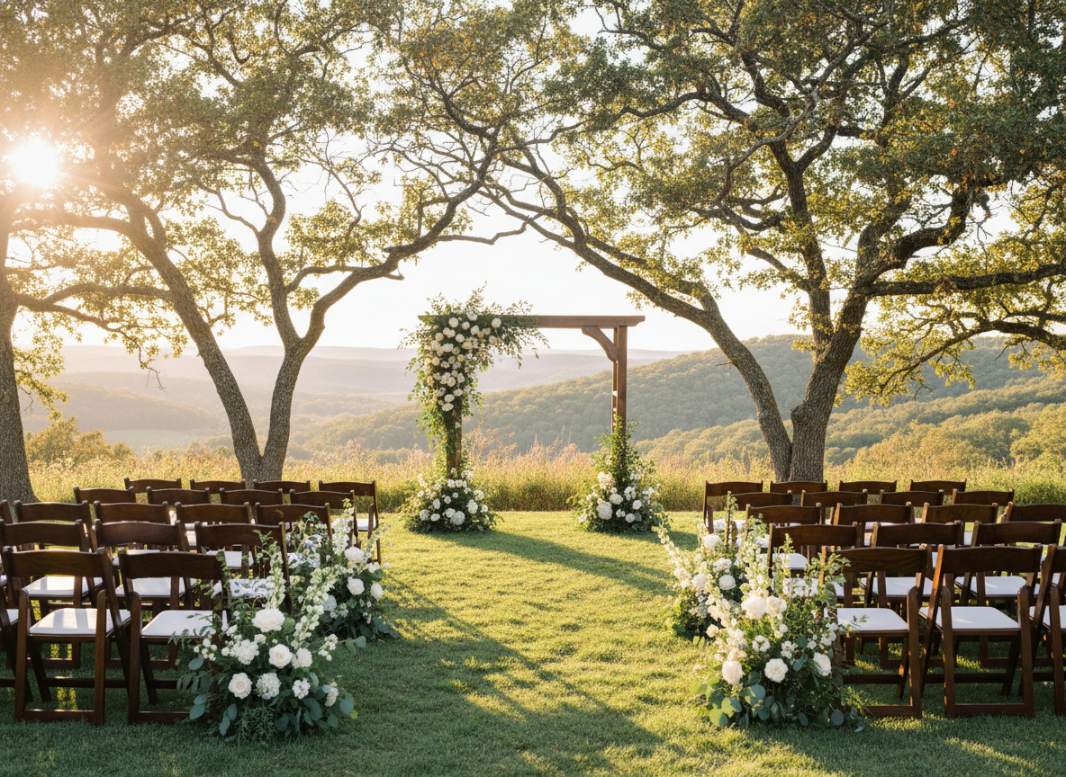 Elegant outdoor wedding ceremony setting in the Ozark Mountains of Northwest Arkansas at golden hour.